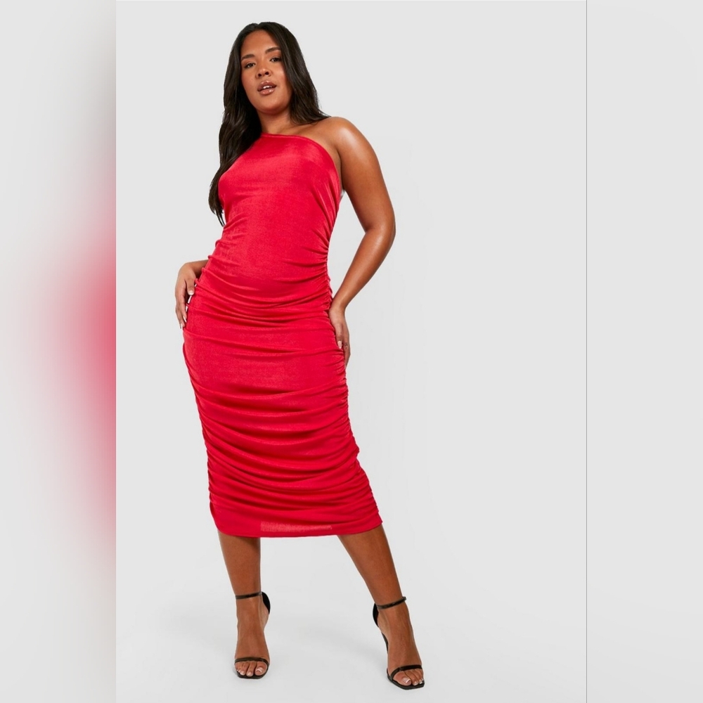 Plus Slinky One Shoulder Red Midi Dress Size 20